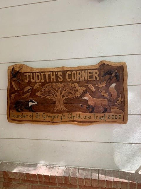 Handcarved wooden outdoor sign with nature motif — bespoke carved wood sign, Wales