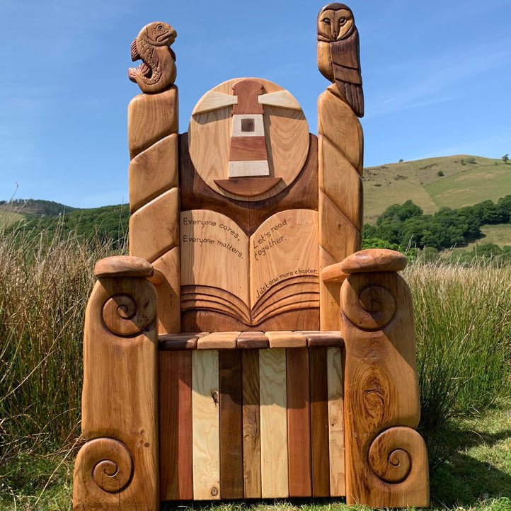 Handmade sea-themed fantasy reading throne — carved oak lighthouse chair for schools, Wales