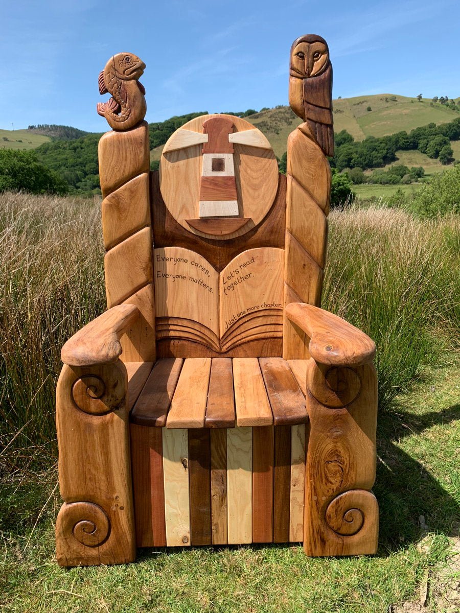 Handmade King Neptune sea throne — carved oak lighthouse fantasy chair, Wales