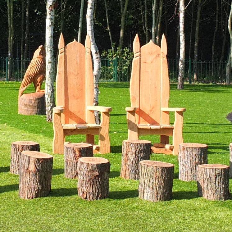 Handmade solid oak log seats for school storytime — natural outdoor seating, Wales