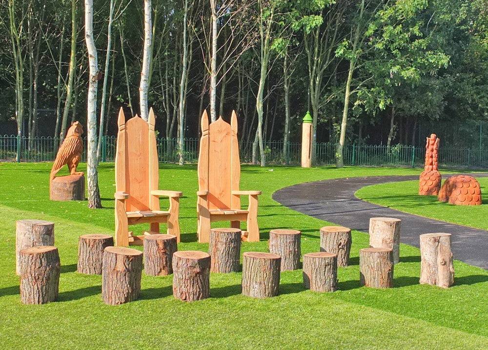 Natural oak log stools — handmade outdoor school seating, Wales