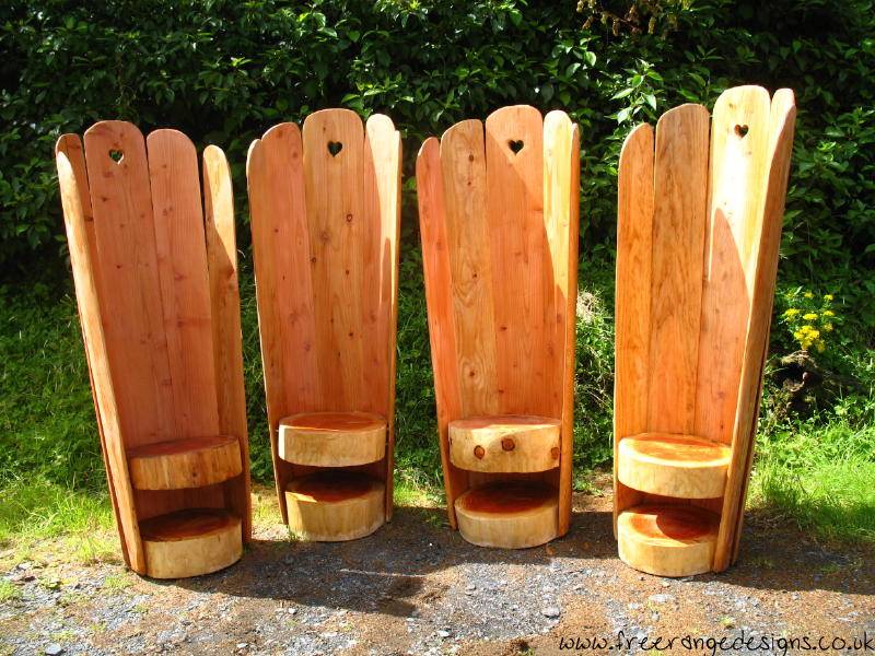 Carved oak story chair — handmade love and kissing chair, bespoke garden furniture, Wales