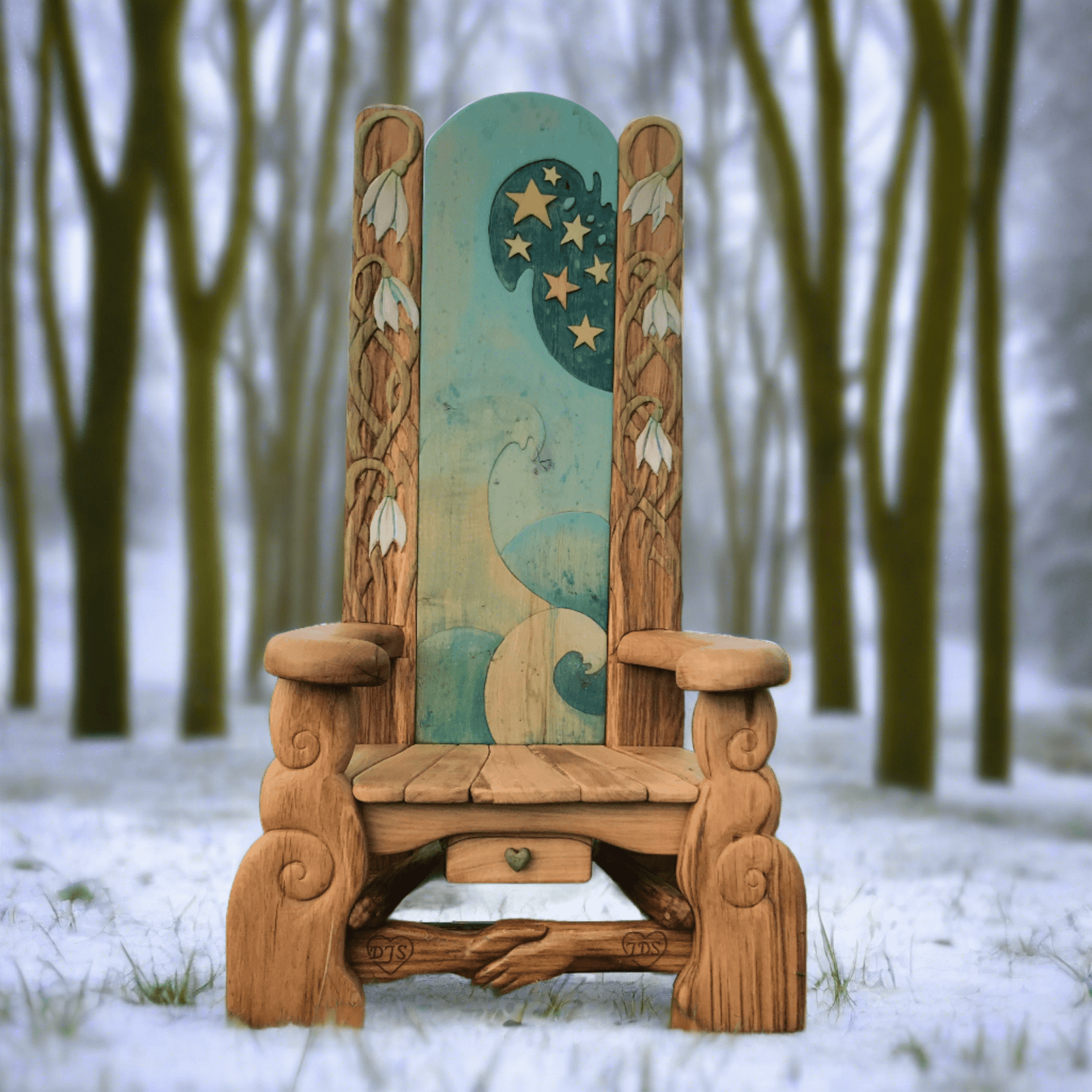 Magical Snowdrop Story Time Chair in snowy forest — handmade carved oak, Wales