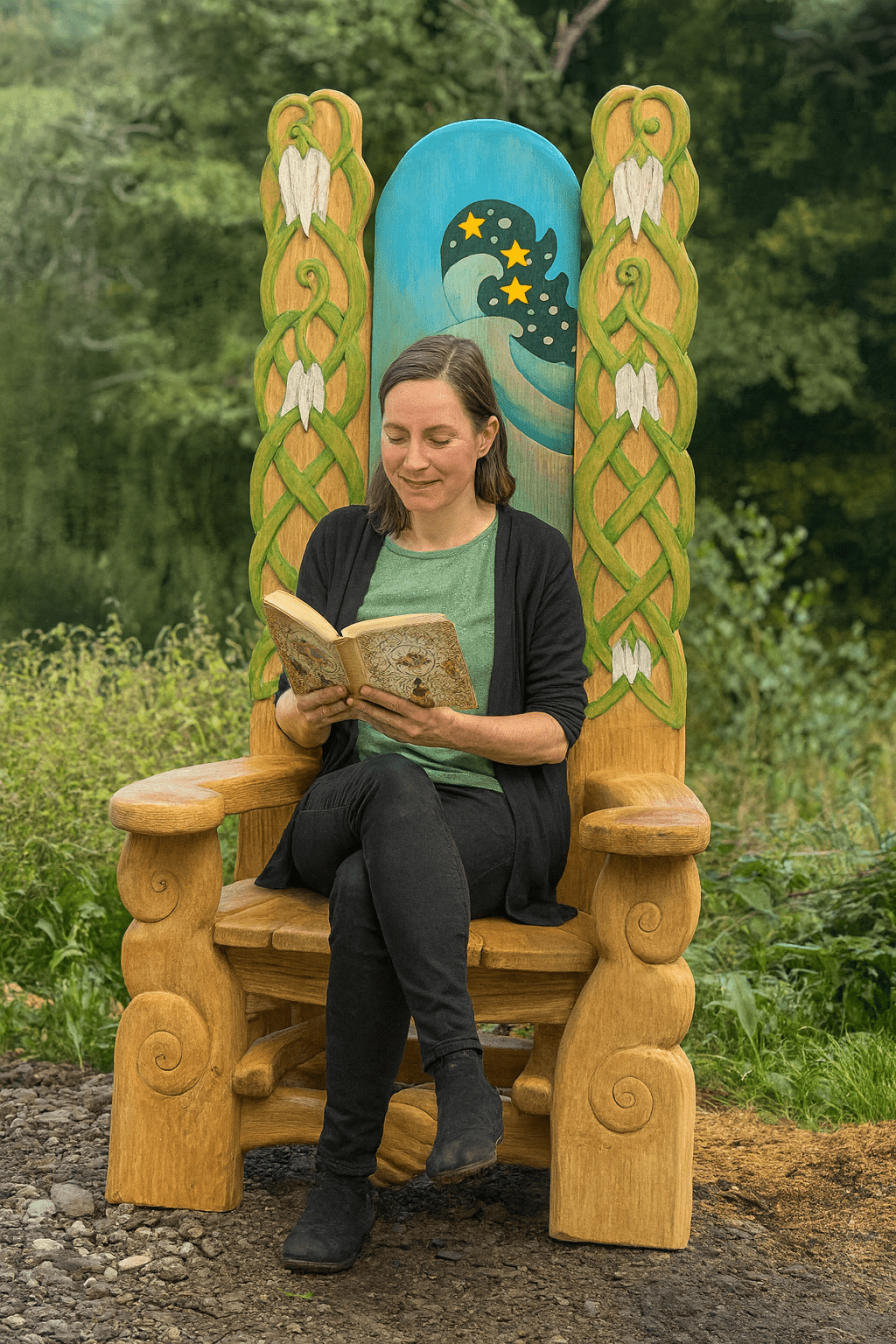 Teacher reading a book on a large, ornate wooden storytelling chair in a natural setting
