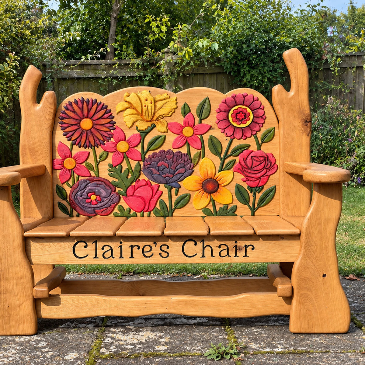 Hand-carved oak memorial bench with brightly painted flowers, standing in a garden