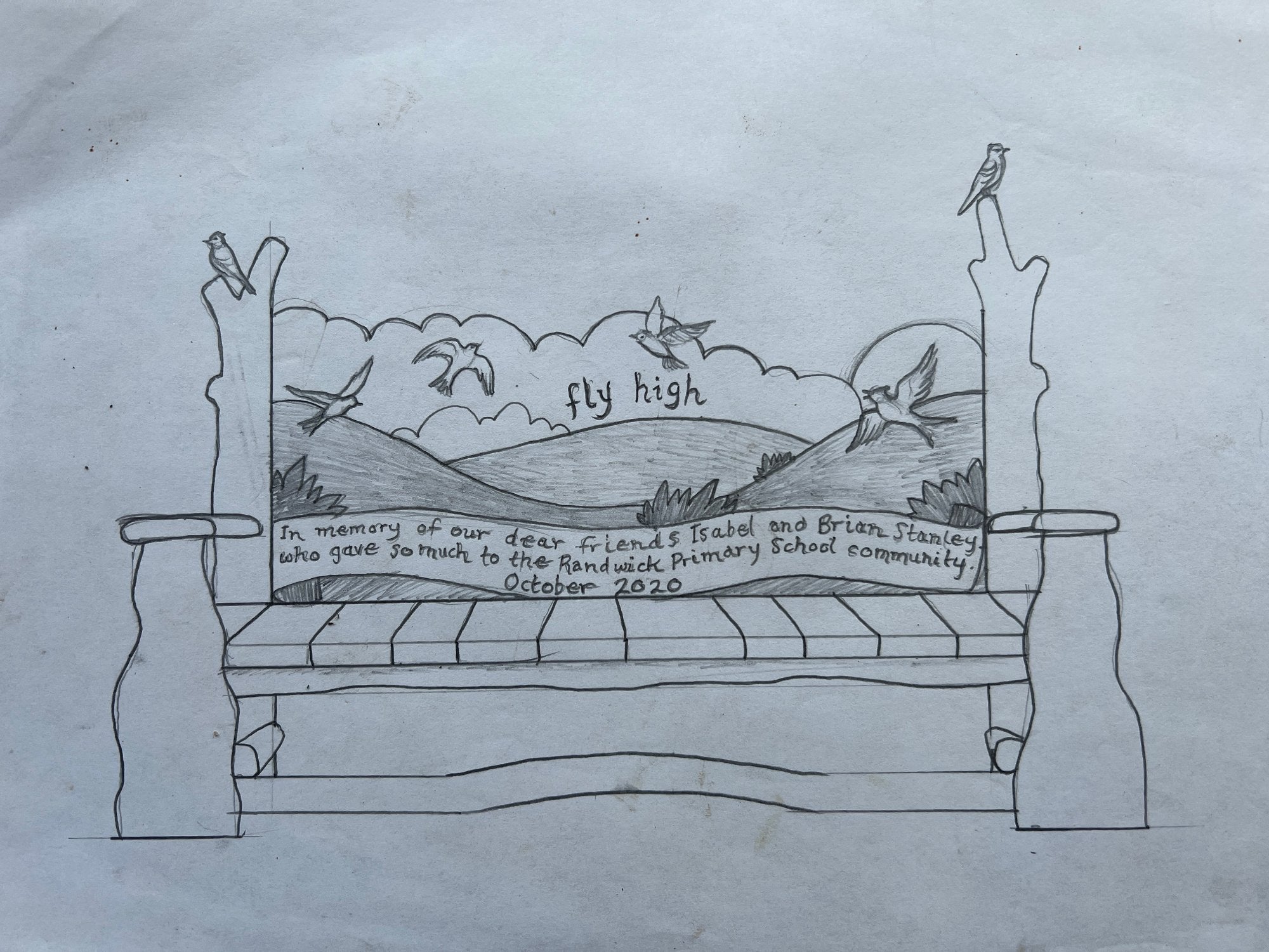 sketch of a memorial bench for a client with birds and a carved quote 