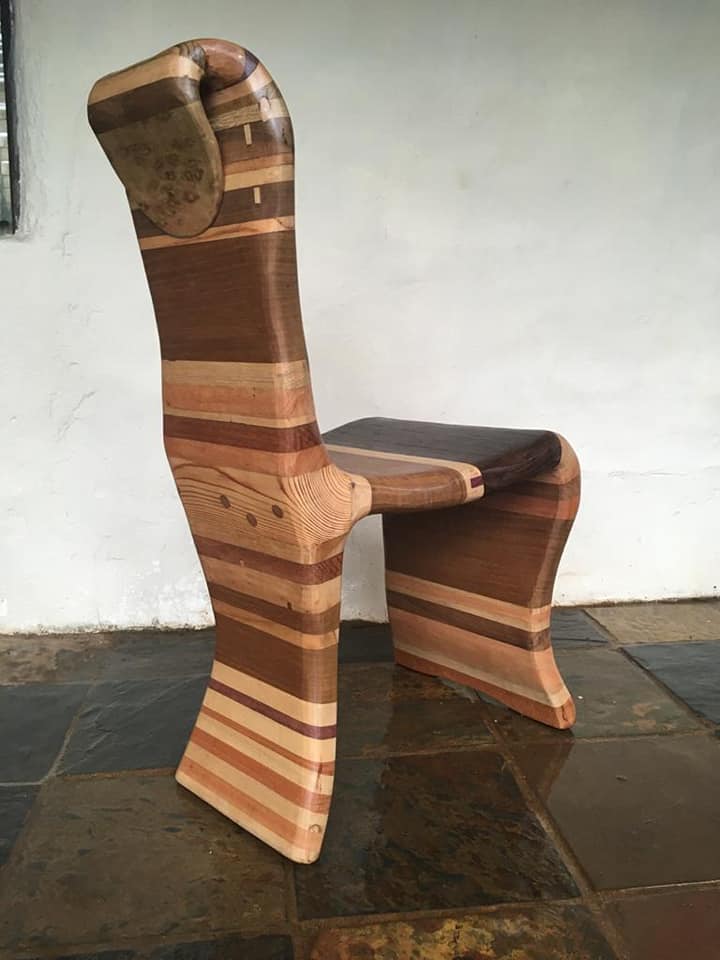 Fantasy designer modern striped wooden chair — handmade bespoke carved oak, Wales