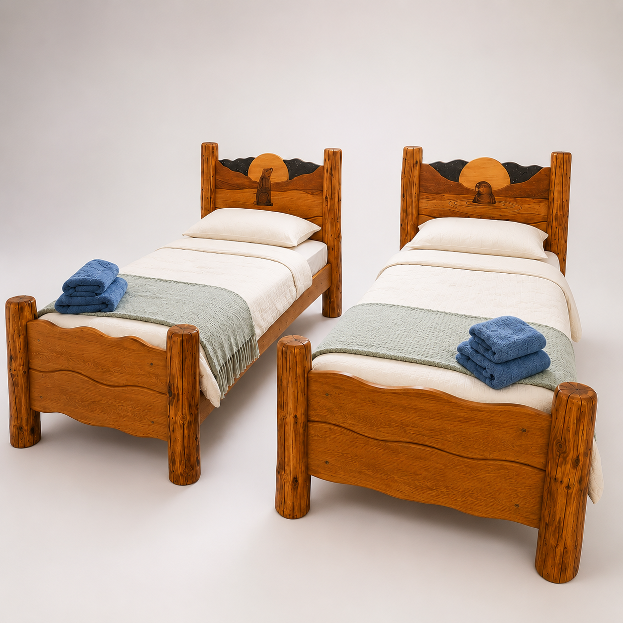 Pair of hand-carved solid wood single beds with moonlit hare and seal headboards, made in Wales