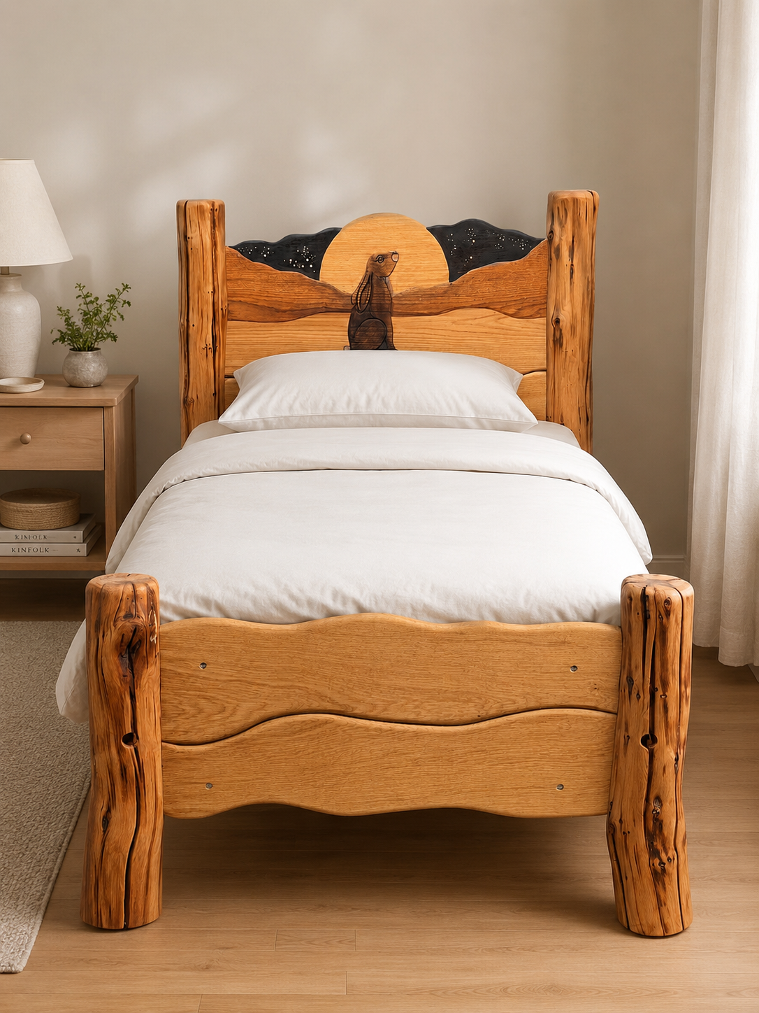 Hand-carved solid wood single bed with a hare and full moon headboard, styled in a bedroom