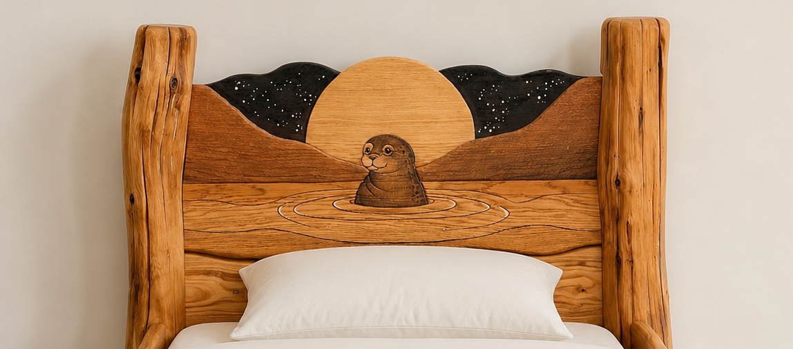Close-up of a hand-carved seal surfacing in moonlit water beneath a starry sky on a wooden headboard