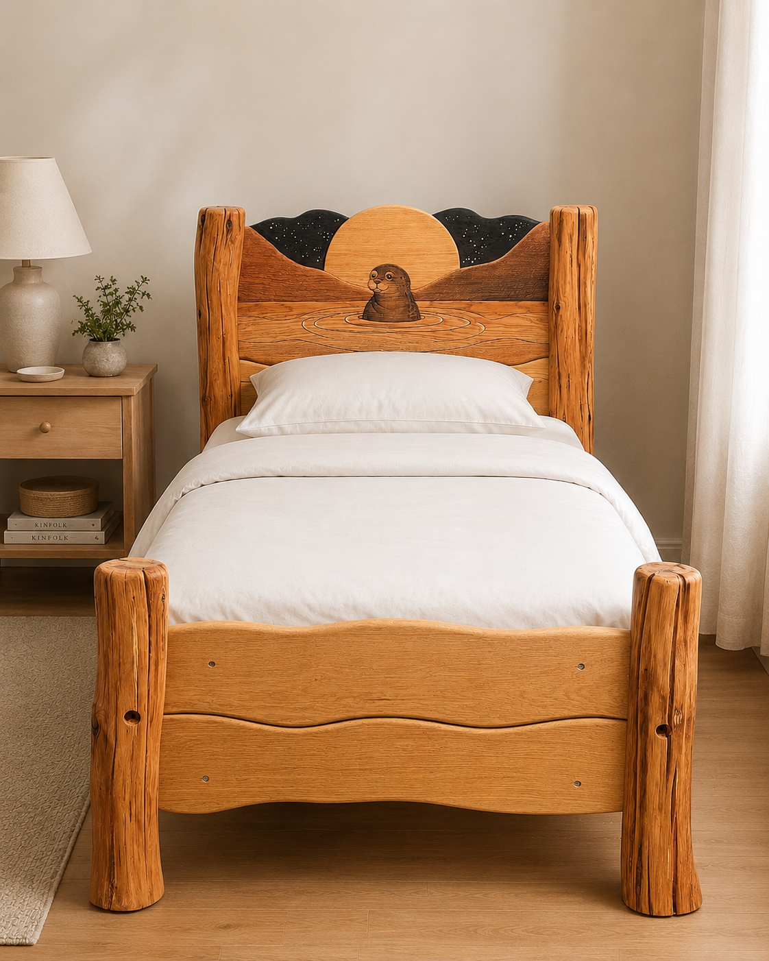Hand-carved solid wood single bed with a seal and full moon headboard, styled in a bedroom