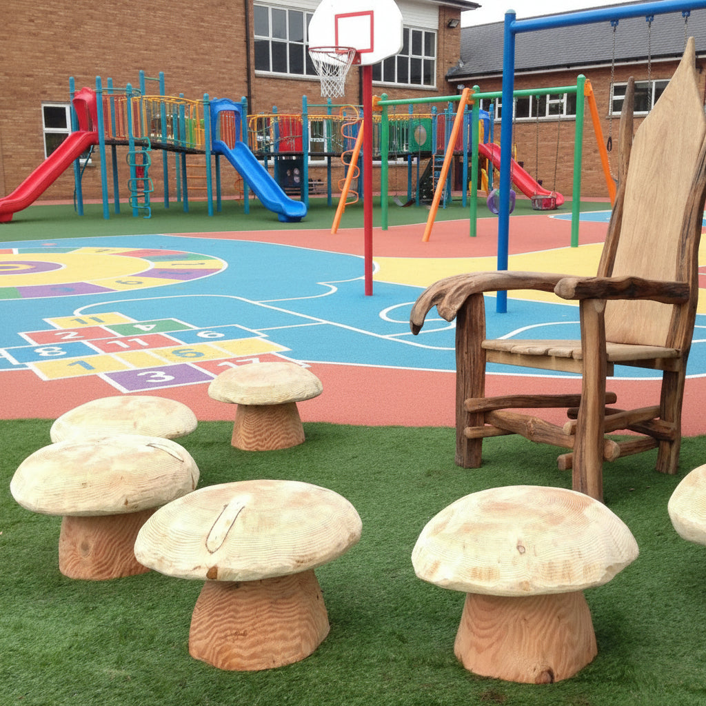 Wooden mushroom stools for school storytime — handmade carved oak, Wales