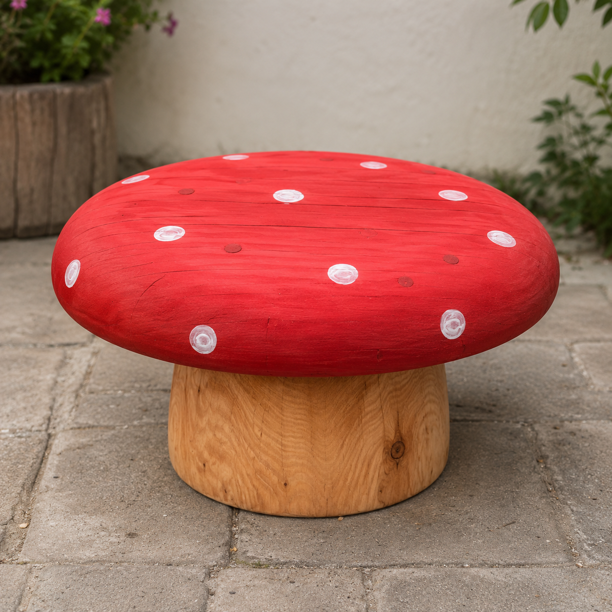 Hand-carved Douglas fir mushroom table for outdoor use — ideal for school playgrounds, forest school areas and children's garden spaces