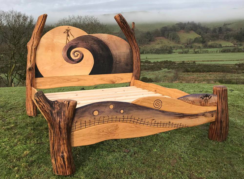 Solid oak Tim Burton-inspired fantasy bed frame with carved Halloween scenes — handmade bespoke fantasy bed, Wales