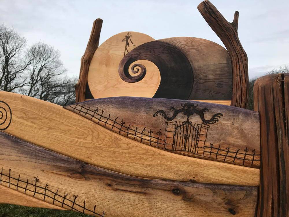 Handmade Nightmare Before Christmas solid oak bed — bespoke carved fantasy bed, Wales