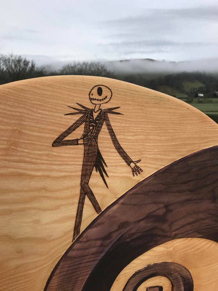 Handmade solid oak Tim Burton fantasy bed with Nightmare Before Christmas carved details — bespoke bed frame, Wales