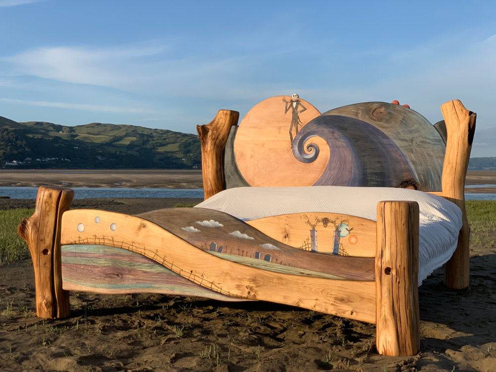 Handcrafted Tim Burton-inspired solid oak bed with carved Halloween designs — bespoke, Wales