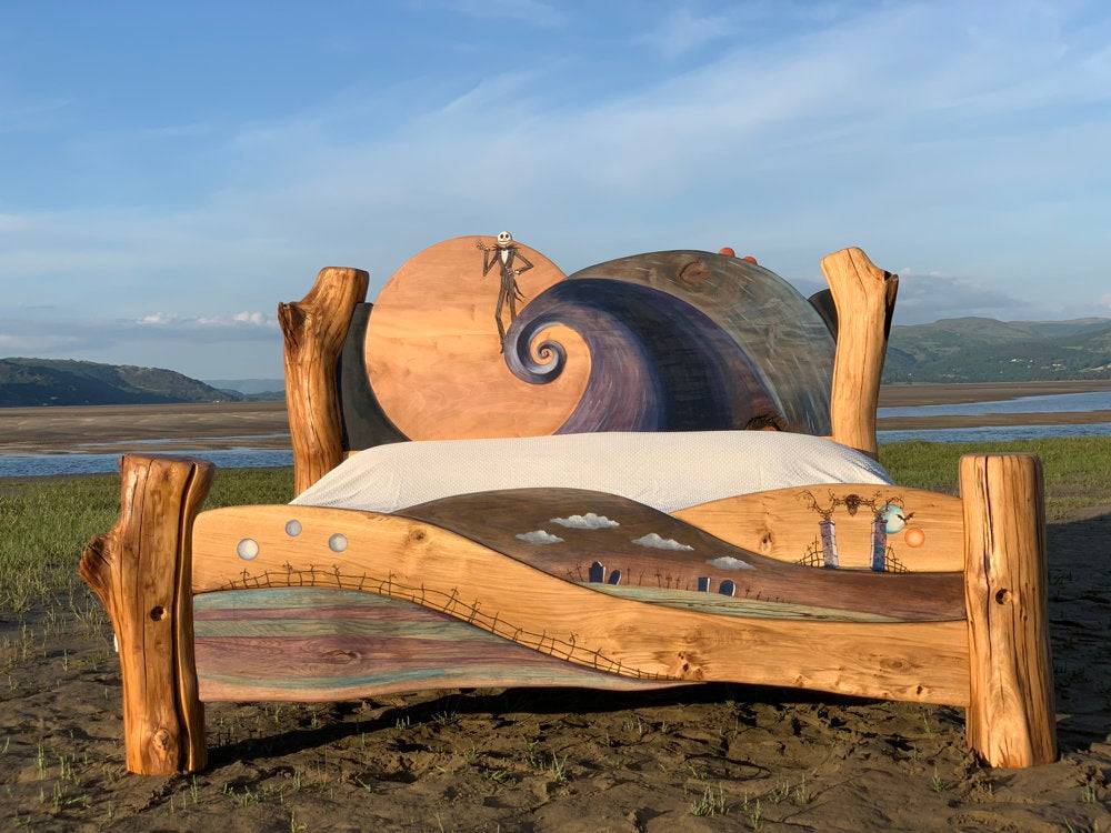 Handmade solid oak fantasy bed with carved Nightmare Before Christmas characters — bespoke, Wales