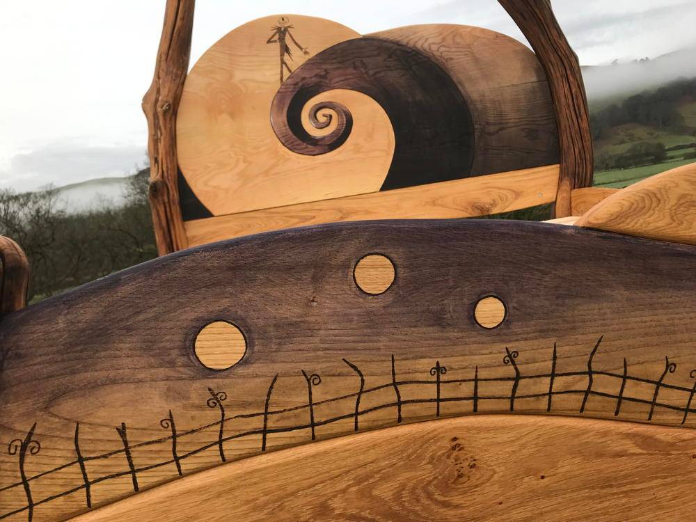 Carved solid oak Nightmare Before Christmas bed frame — handmade fantasy bed with Tim Burton characters, Wales