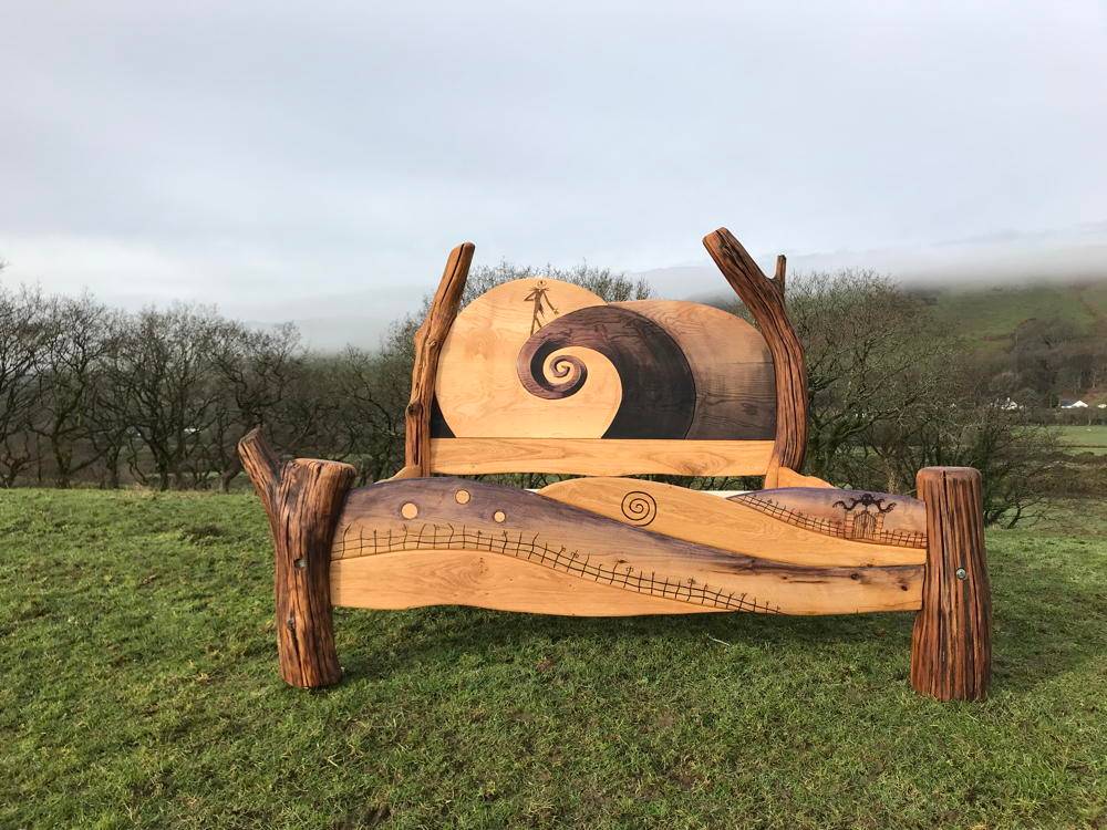 Carved solid oak Nightmare Before Christmas bed frame detail — bespoke, handmade Wales