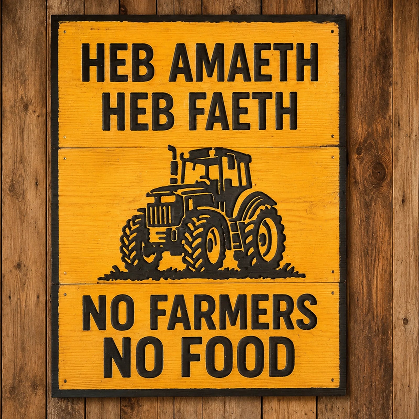 No Farmers No Food carved wooden sign with hand-carved tractor, yellow and black finish, on rustic wooden wall