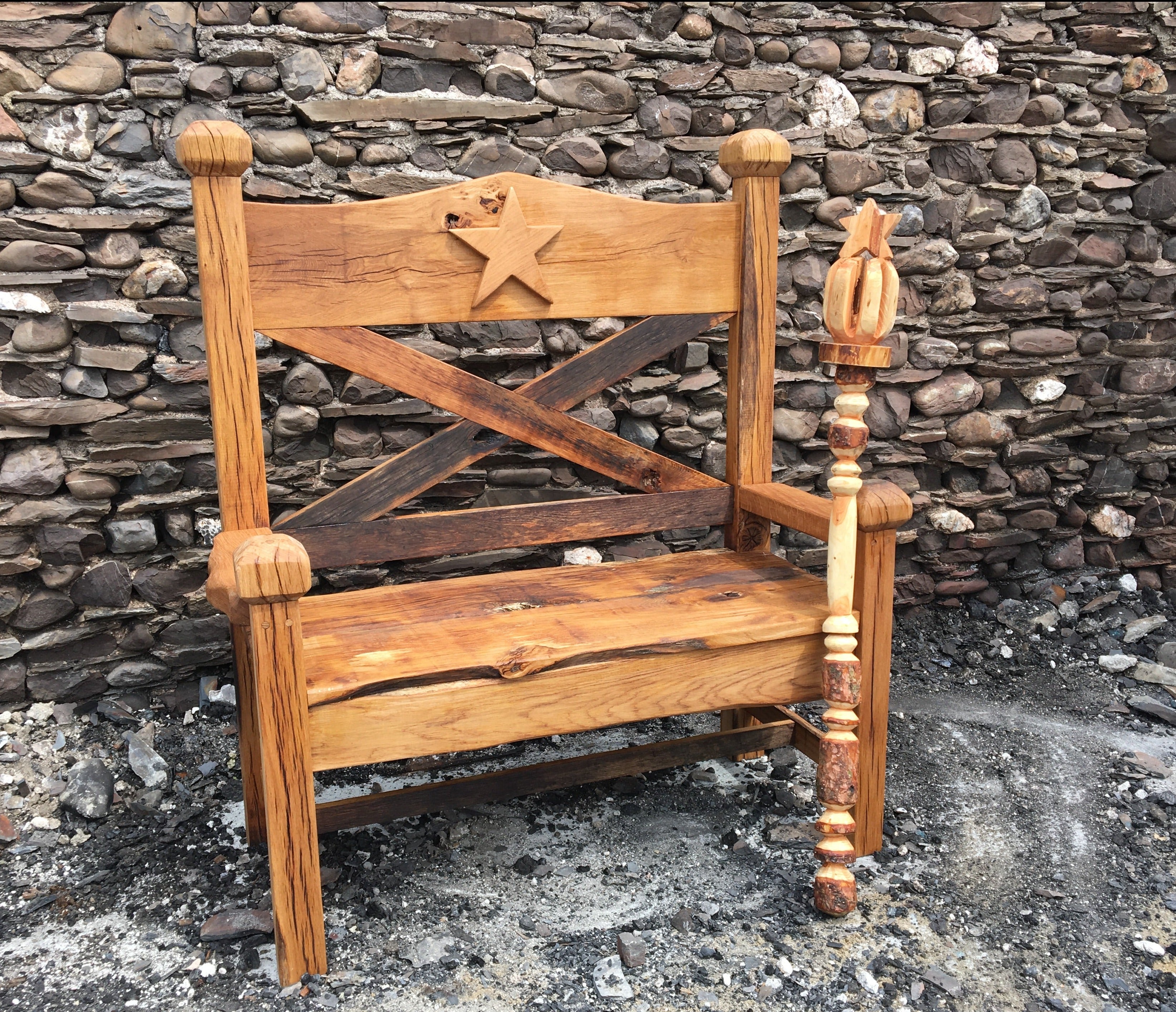 Rustic wooden bench with star design