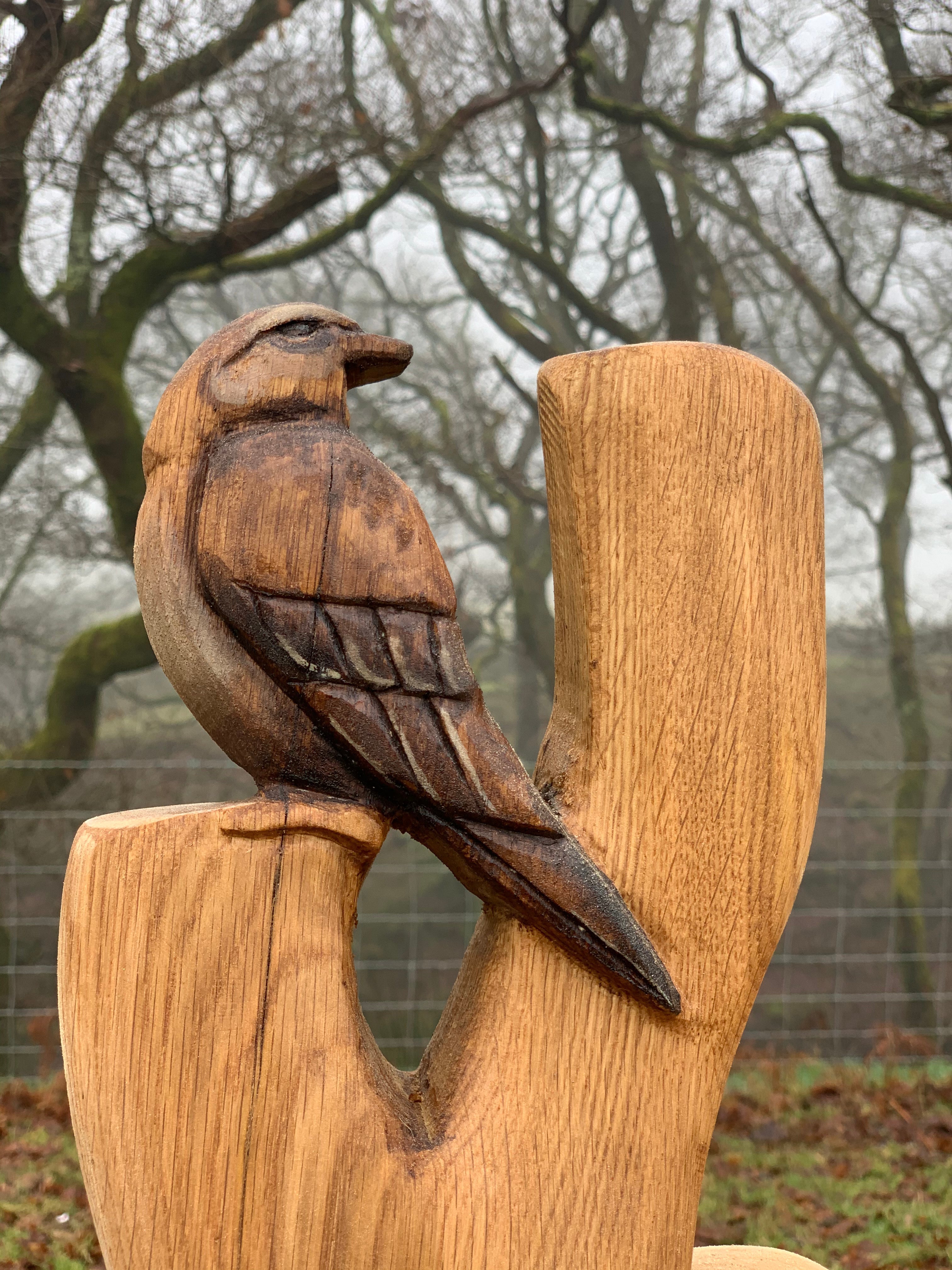 Sculpture d'oiseau sur un banc en bois dans une forêt brumeuse