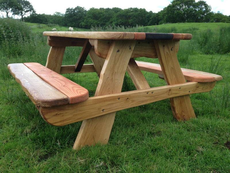 Handmade solid oak picnic table — chunky outdoor garden furniture, Wales