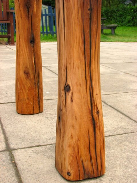 Solid reclaimed oak legs on handmade refectory dining table — bespoke, Wales