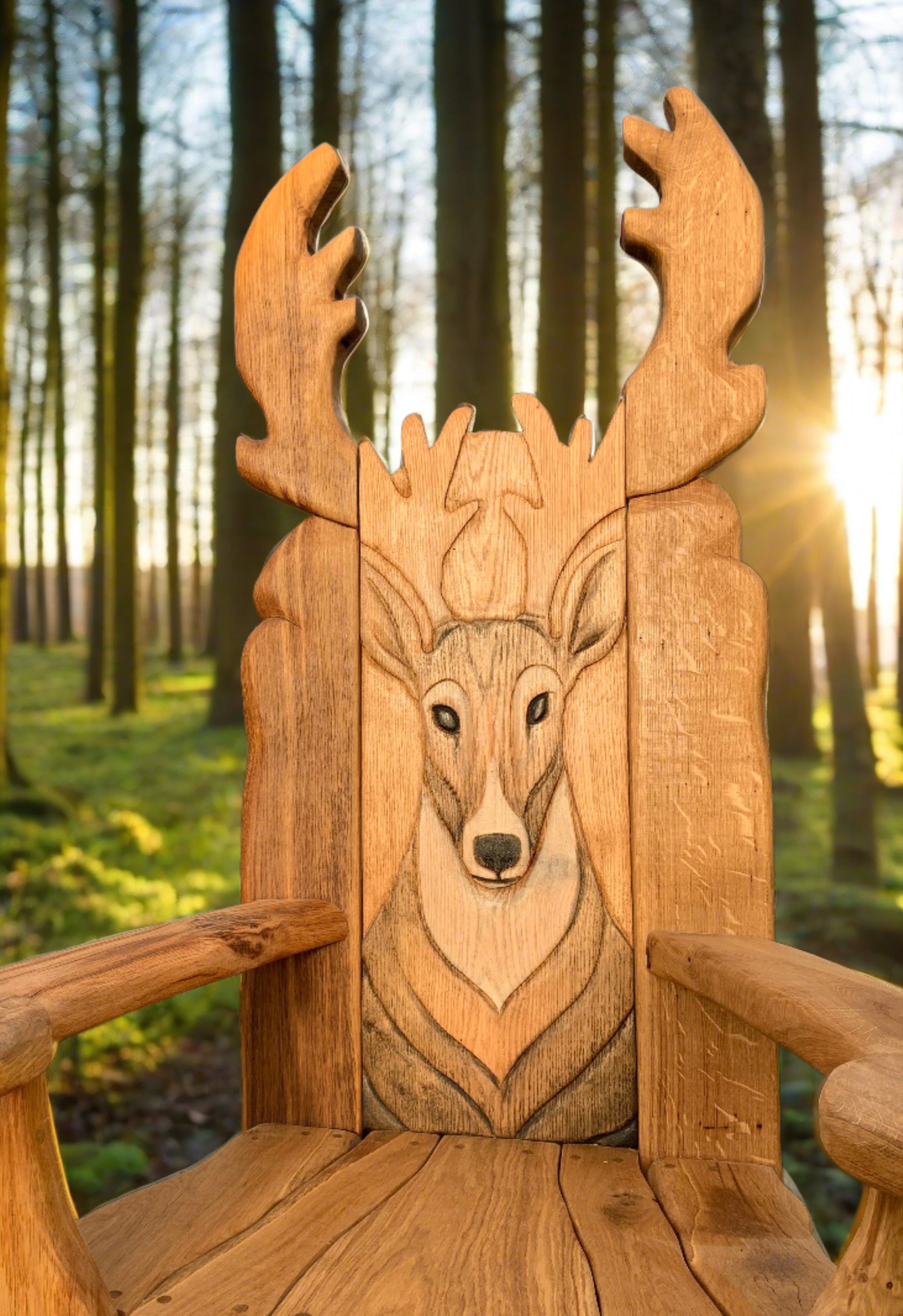 Deer carving on wooden chair with sunlit forest background.