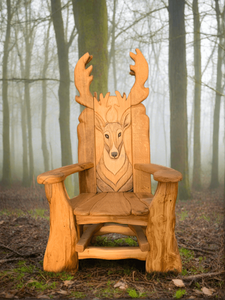 Stag Storytelling Chair in wooded area