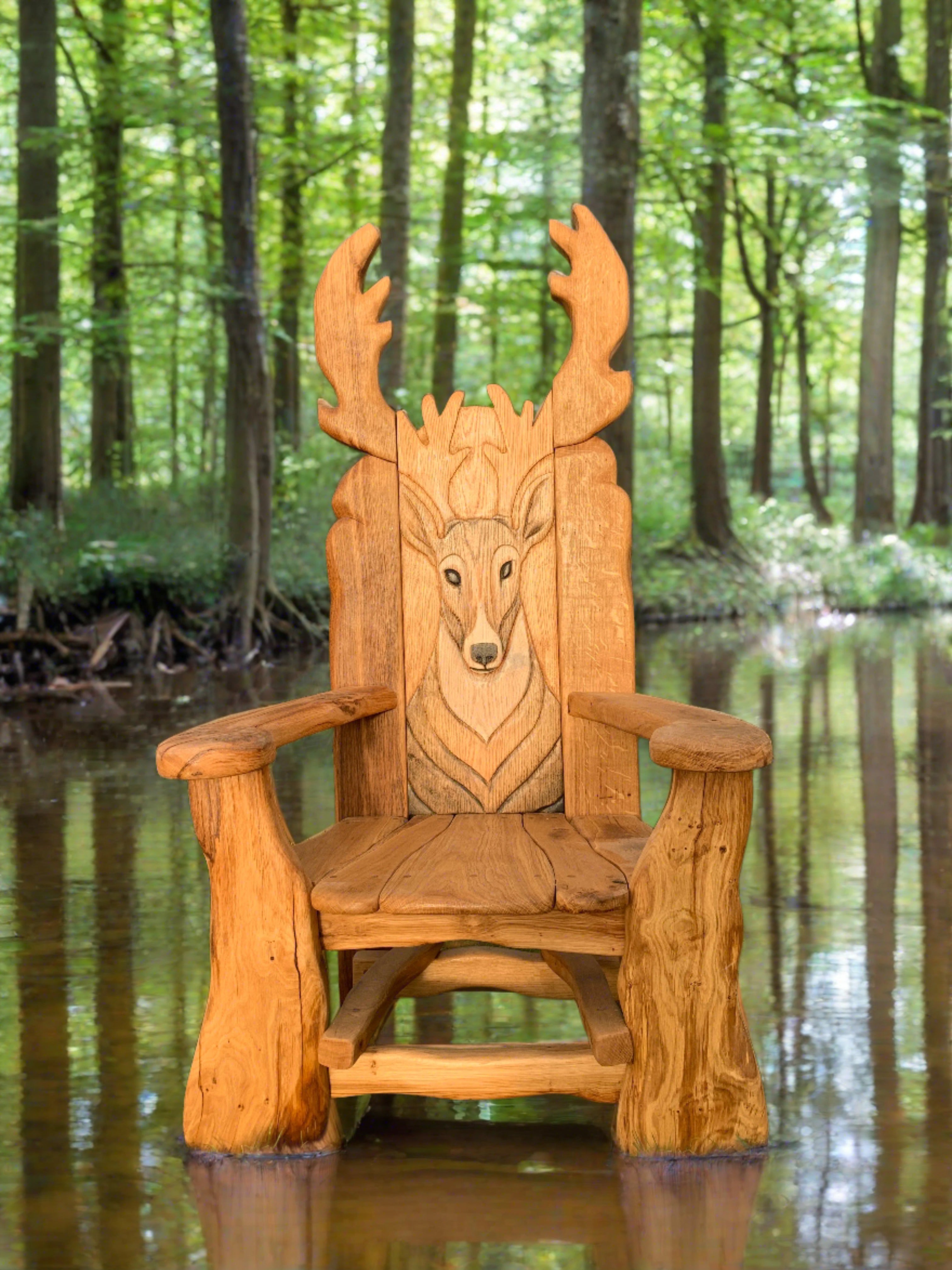 Wooden chair with deer carving in a forest setting.