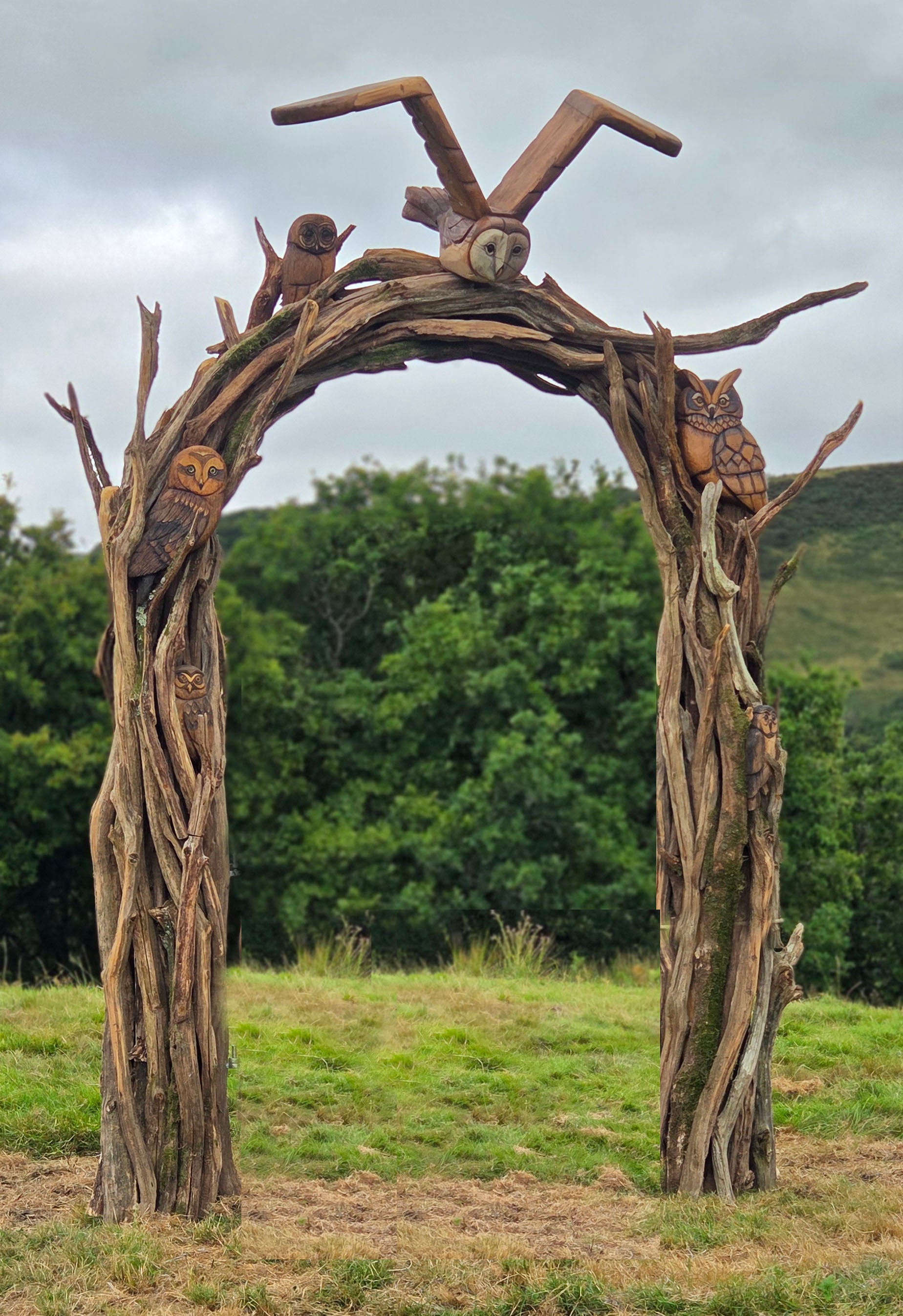 Hand-carved oak owl arch standing on a field, featuring several carved owls perched along the bone oak structure.