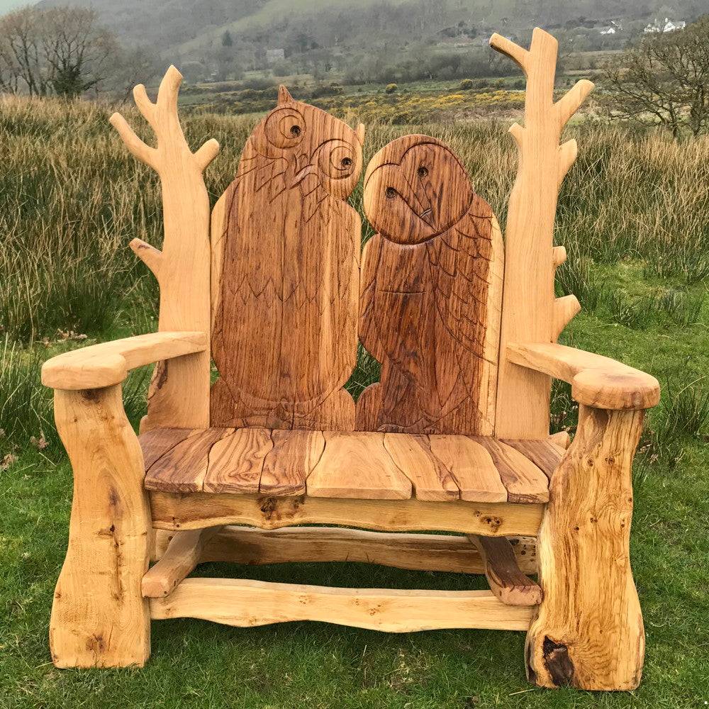 Handmade oak friendship bench — bespoke carved garden seating, Wales