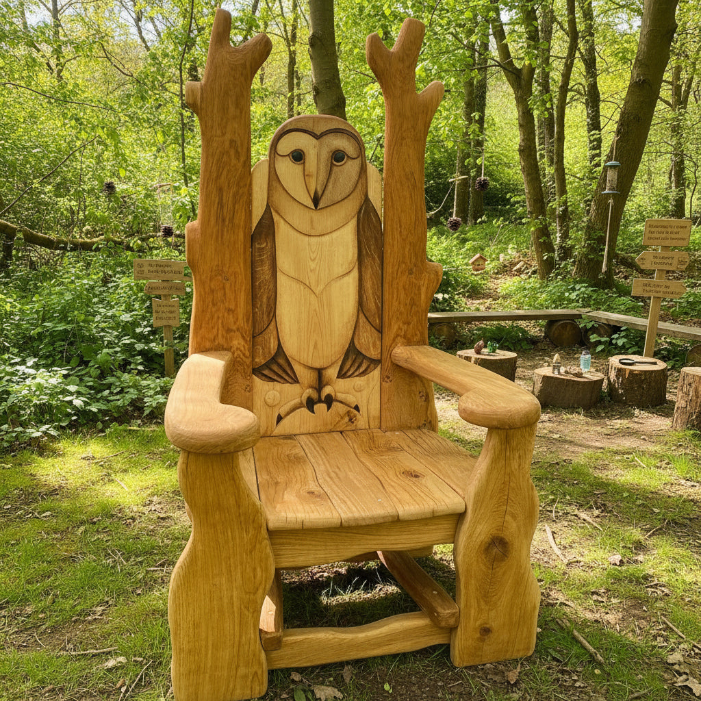 Carved owl reading chair in a school garden