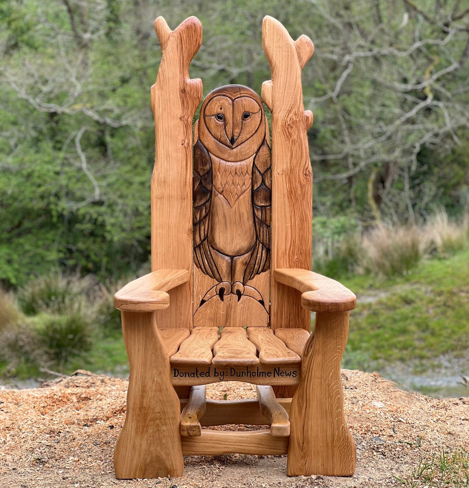 Handcrafted owl storytelling chair carved from solid oak – handmade in Mid Wales