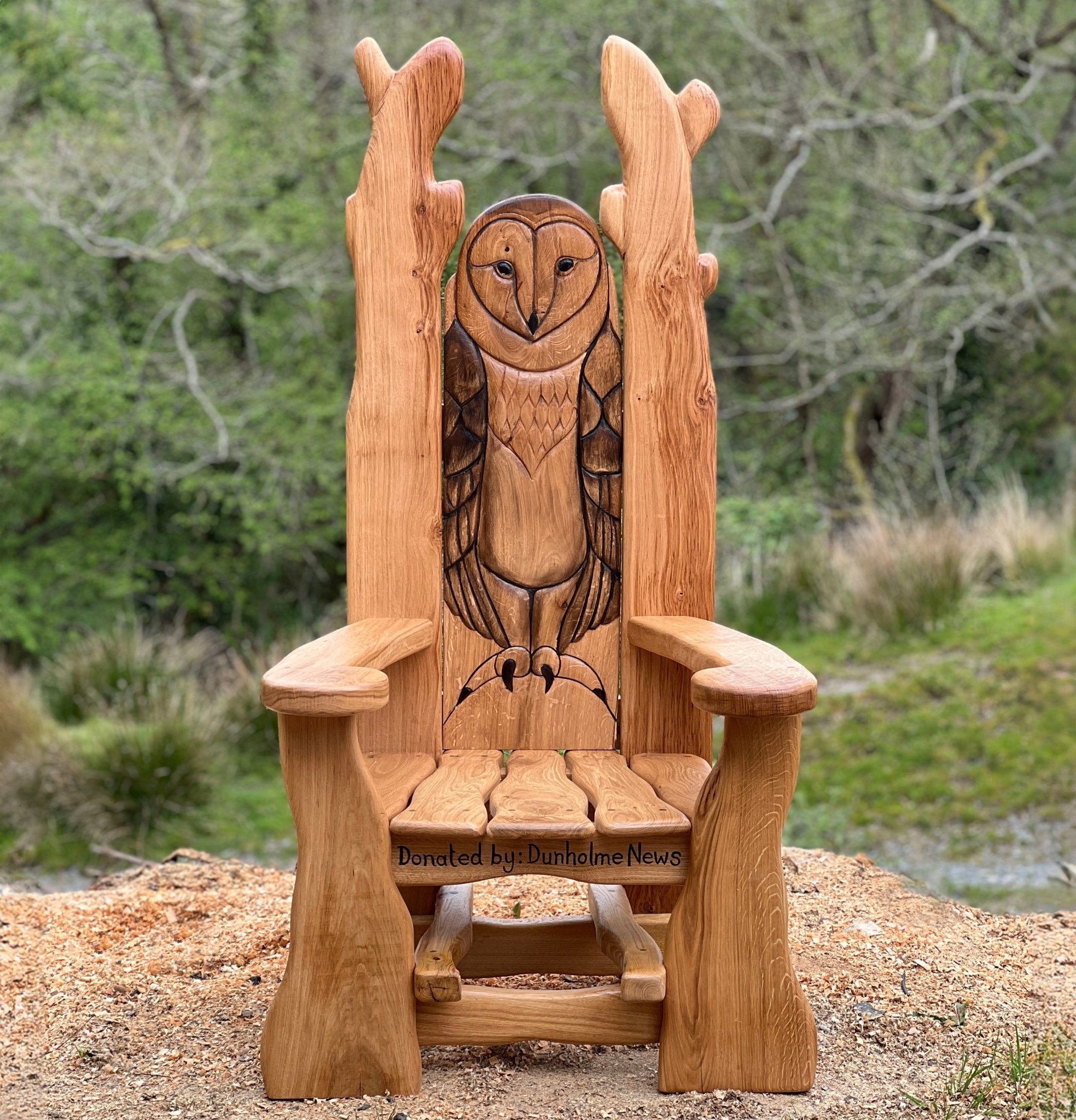 Handcrafted owl storytelling chair carved from solid oak – handmade in Mid Wales