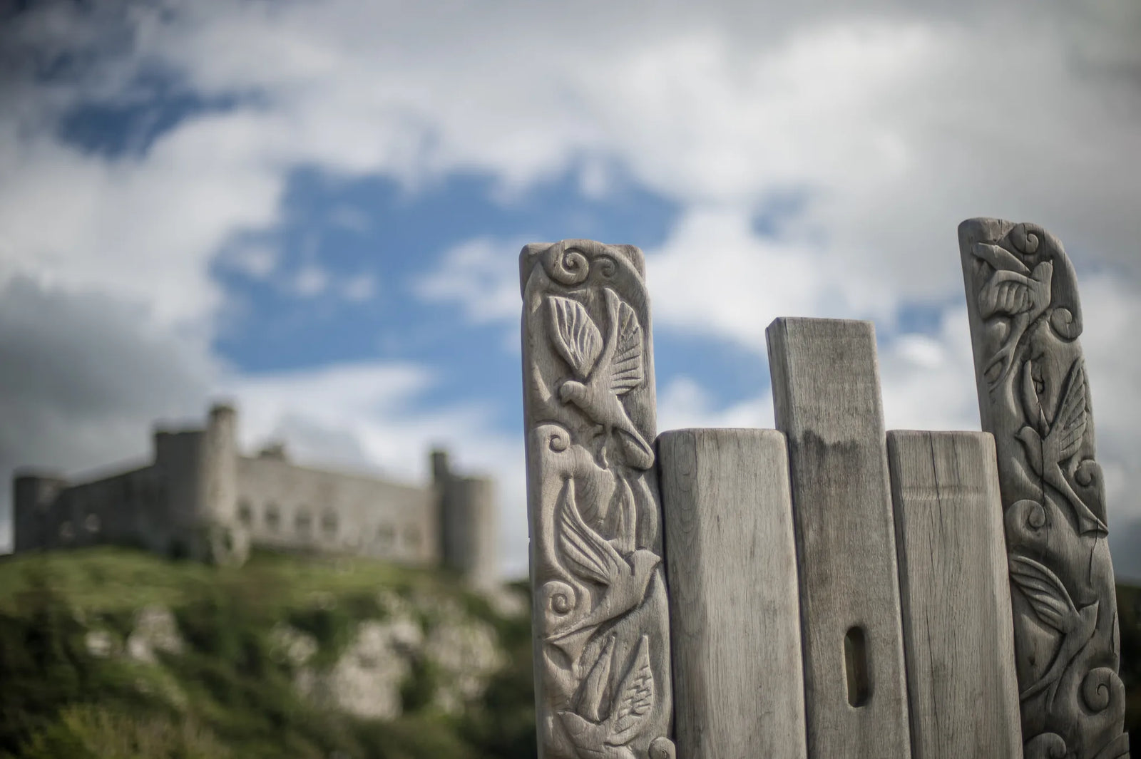 Close-up of hand-carved birds and botanical motifs on the backrest panels with Harlech Castle behind | Welsh oak