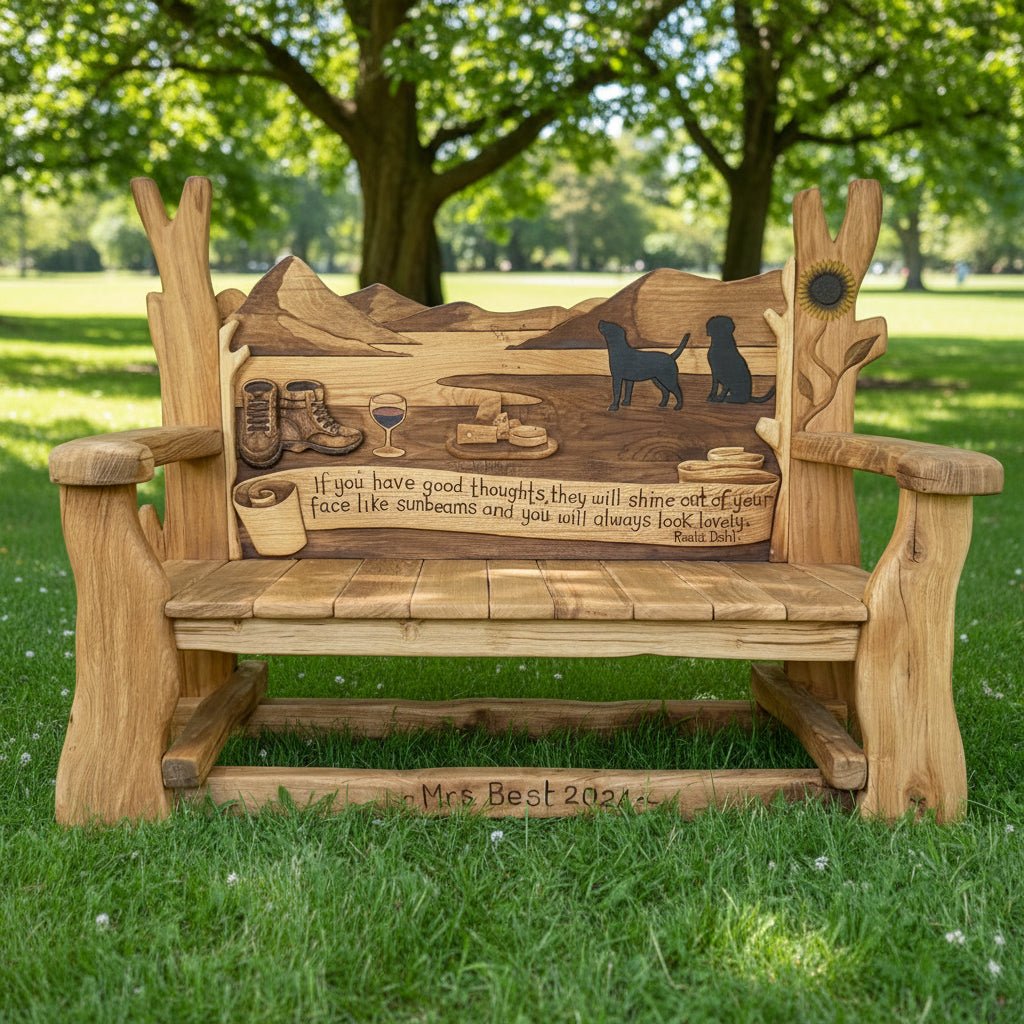 Handmade personalised memorial bench for a beloved teacher in school garden — carved oak tribute seating, Wales