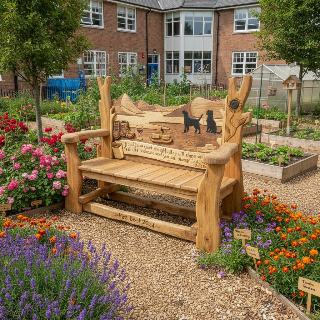 Personalised memorial bench for a beloved teacher — handcrafted carved oak garden bench, Wales
