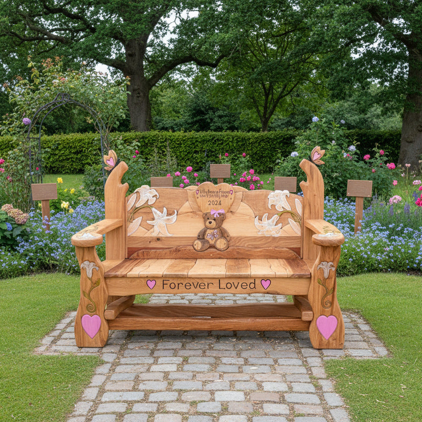 Personalised memorial bench for a little girl — hand-carved oak 3-seater garden tribute seat, handmade in Wales