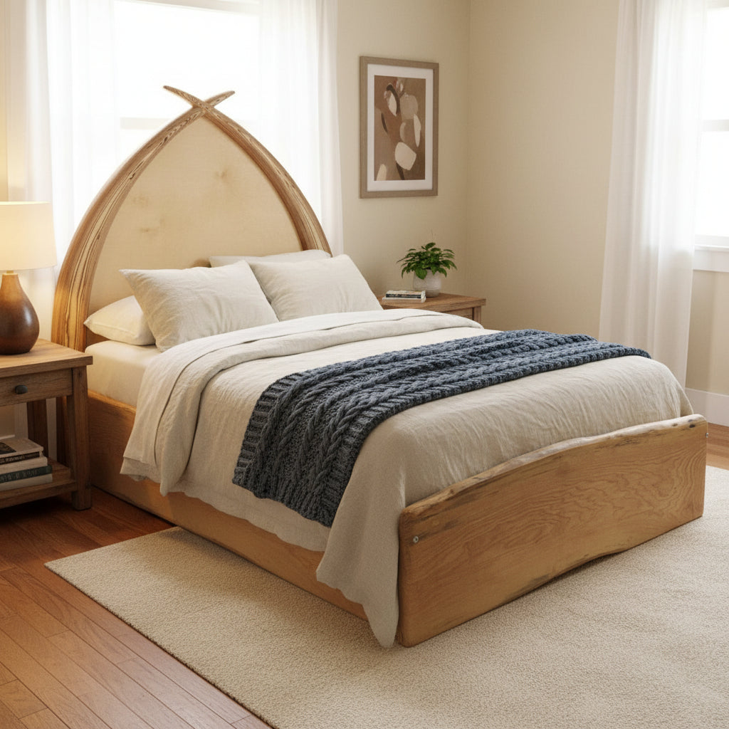 Handmade fantasy driftwood arc bed — reclaimed spalted beech, bespoke, Wales