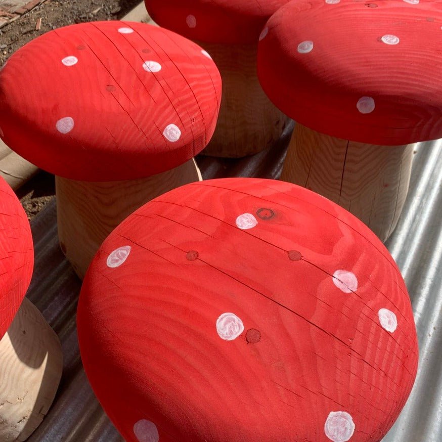 Fairytale red mushroom stool — handmade garden fantasy furniture, Wales