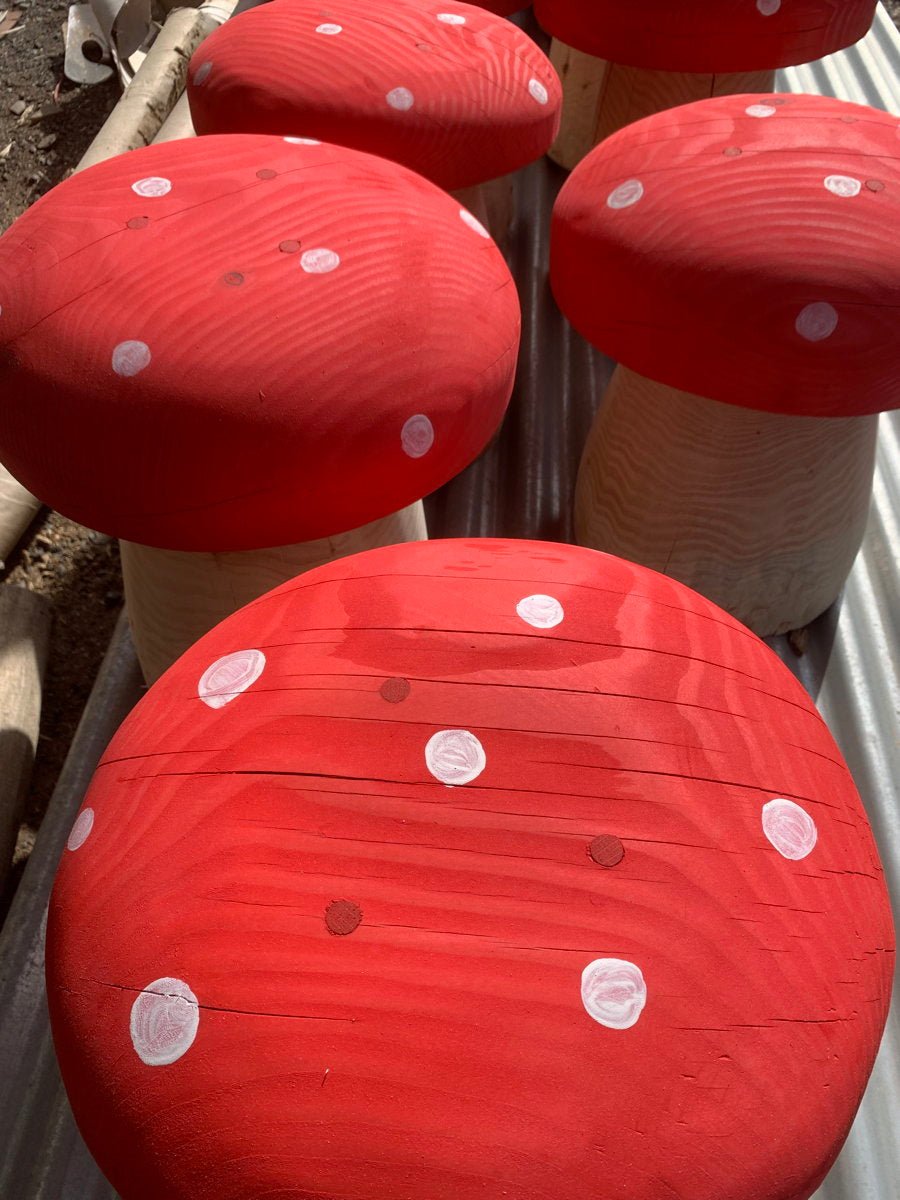 Handmade garden mushroom stool — carved wood fantasy seating, Wales