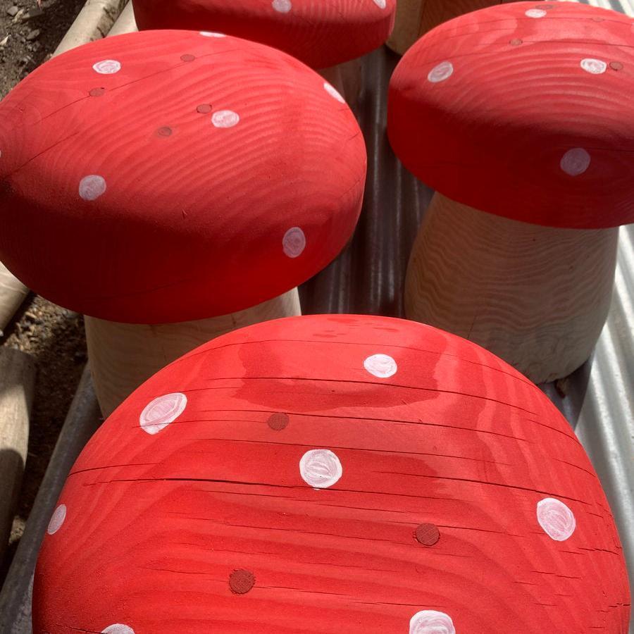 Selles en forme de champignon rouge avec des points blancs