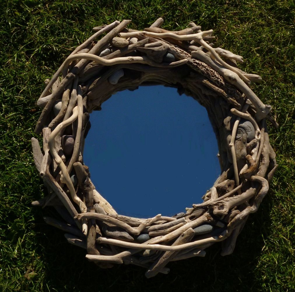 Handcrafted round driftwood mirror with natural coastal wood frame — bespoke wall mirror, Wales
