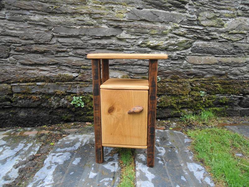 Front view of handmade rustic oak bedside table — solid oak, bespoke, Wales