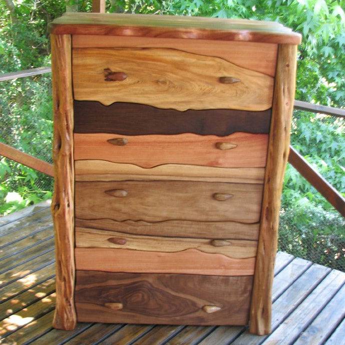 Handcrafted rustic chest of drawers with organic natural wood grain — bespoke storage furniture, made in Mid Wales