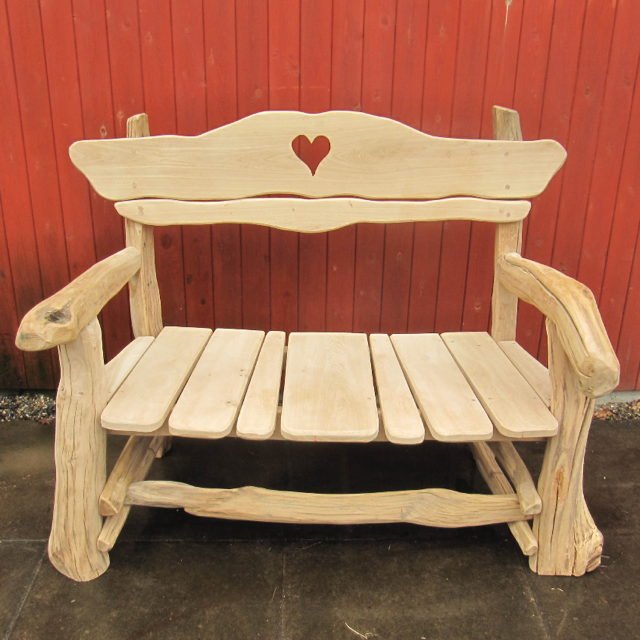 Handcrafted oak heart garden bench — bespoke rustic outdoor seating, Wales