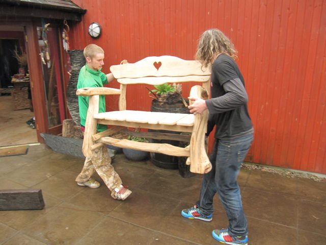 Handmade solid oak rustic heart garden bench — bespoke outdoor seating, Wales